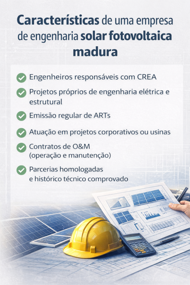 Infográfico com as principais características de uma empresa de engenharia solar fotovoltaica madura, incluindo CREA, ARTs, projetos próprios e contratos de O&M