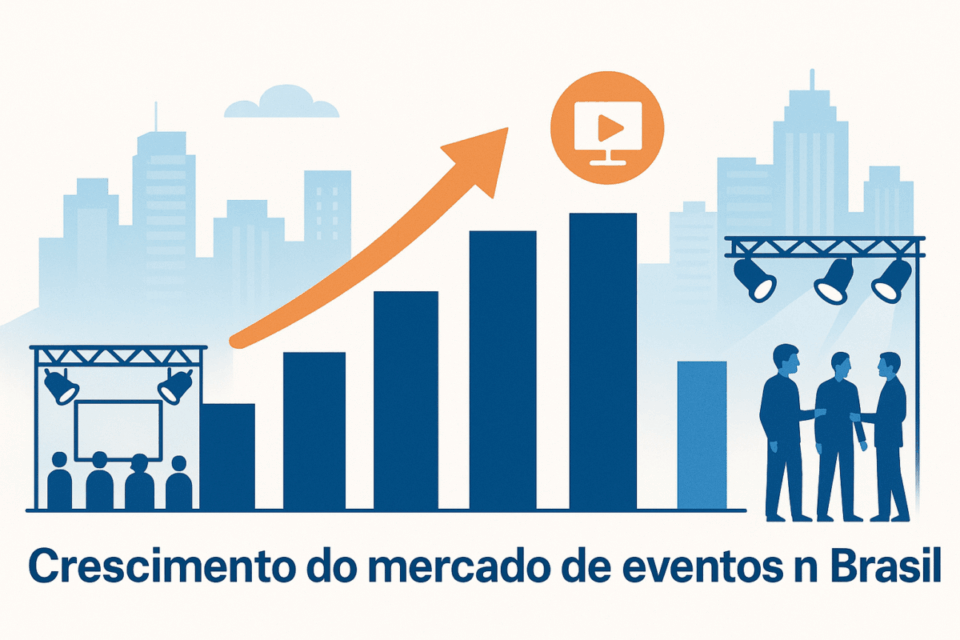 Ilustração com gráfico em alta representando o crescimento do mercado de eventos no Brasil em 2026