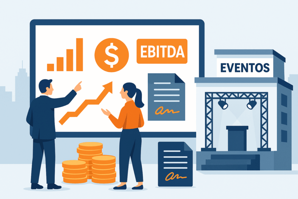 Ilustração de dois profissionais analisando gráficos de EBITDA e valuation de uma empresa de eventos
