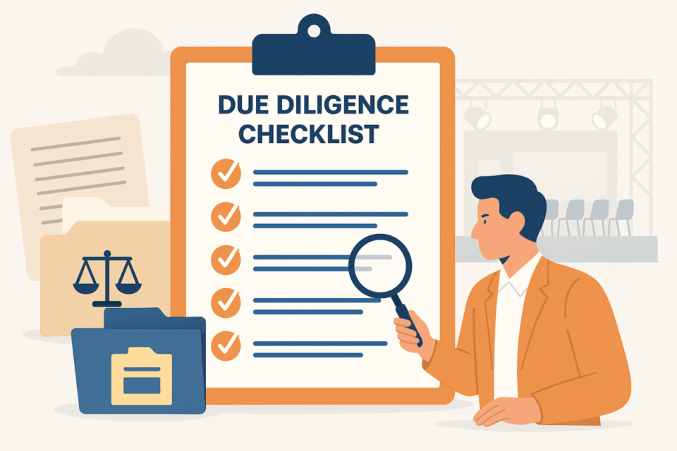 Ilustração de checklist de due diligence para comprar uma empresa de eventos com empresário analisando documentos
comprar empresa de eventos