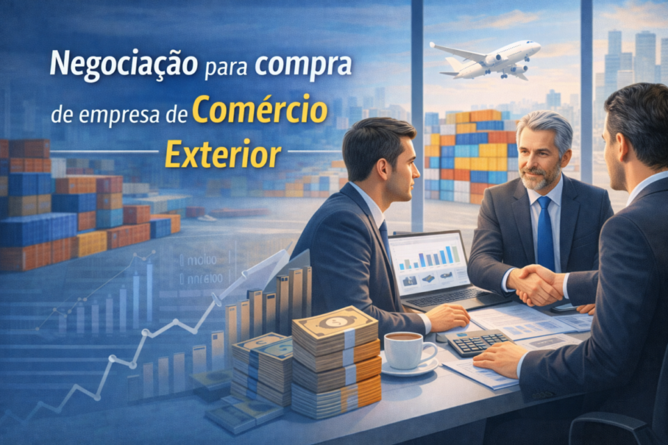 Reunião de negociação para compra de empresa de exportação e importação com foco em valuation e estruturação do negócio
