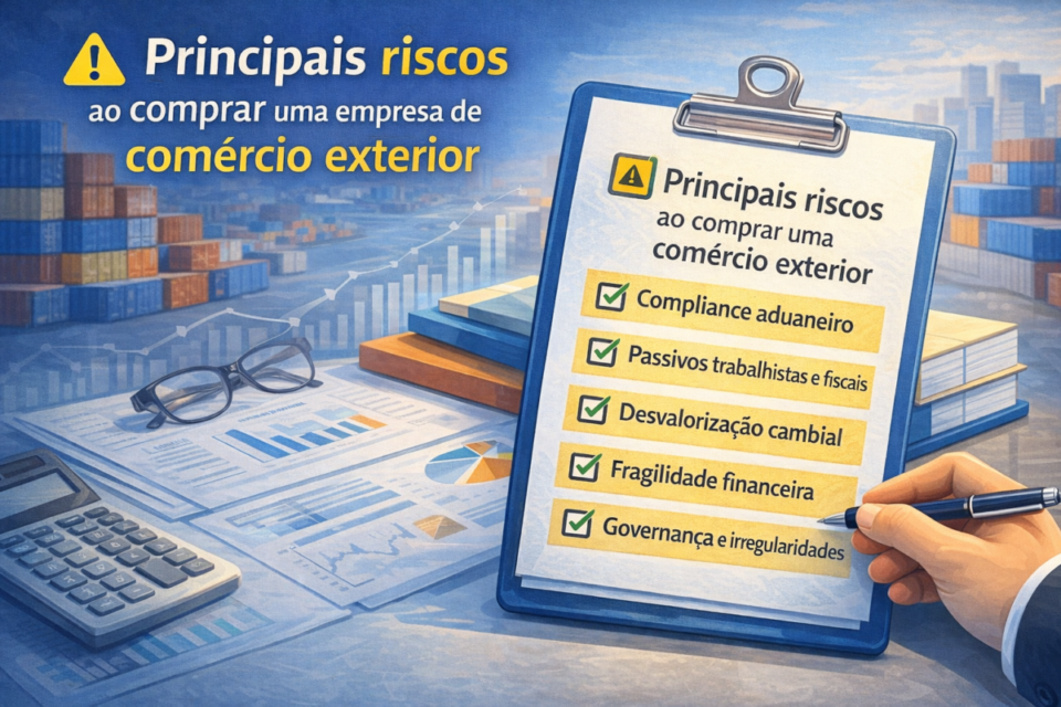 Checklist dos principais riscos ao comprar uma empresa de comércio exterior, incluindo compliance aduaneiro, riscos cambiais e fragilidade financeira