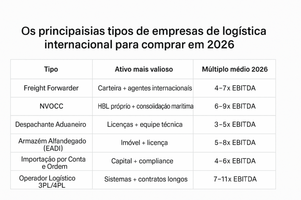 Tabela mostrando os principais tipos de empresas de logística internacional para comprar em 2026, com seus ativos mais valiosos e múltiplos médios de EBITDA.