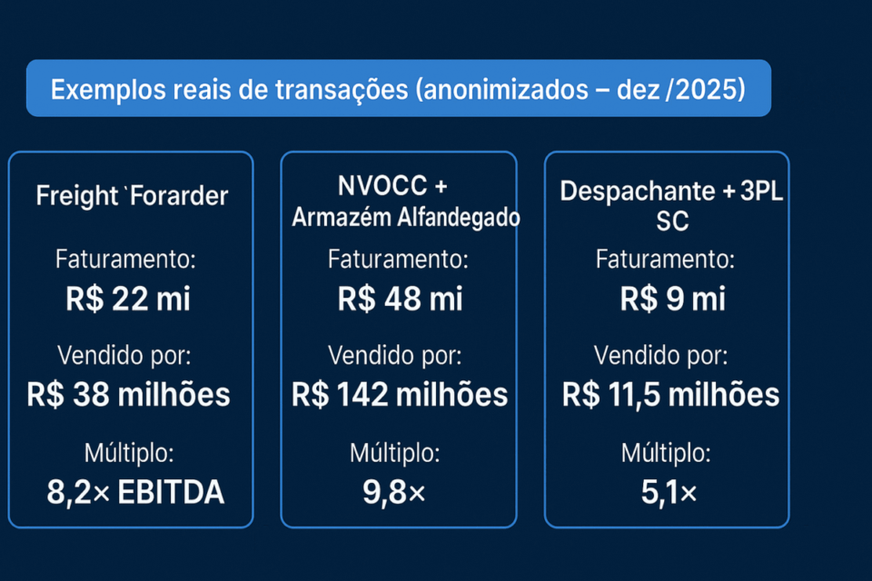 Infográfico mostrando três exemplos reais e anonimizados de transações de empresas de logística internacional em 2025, com faturamento, valor de venda e múltiplos de EBITDA.