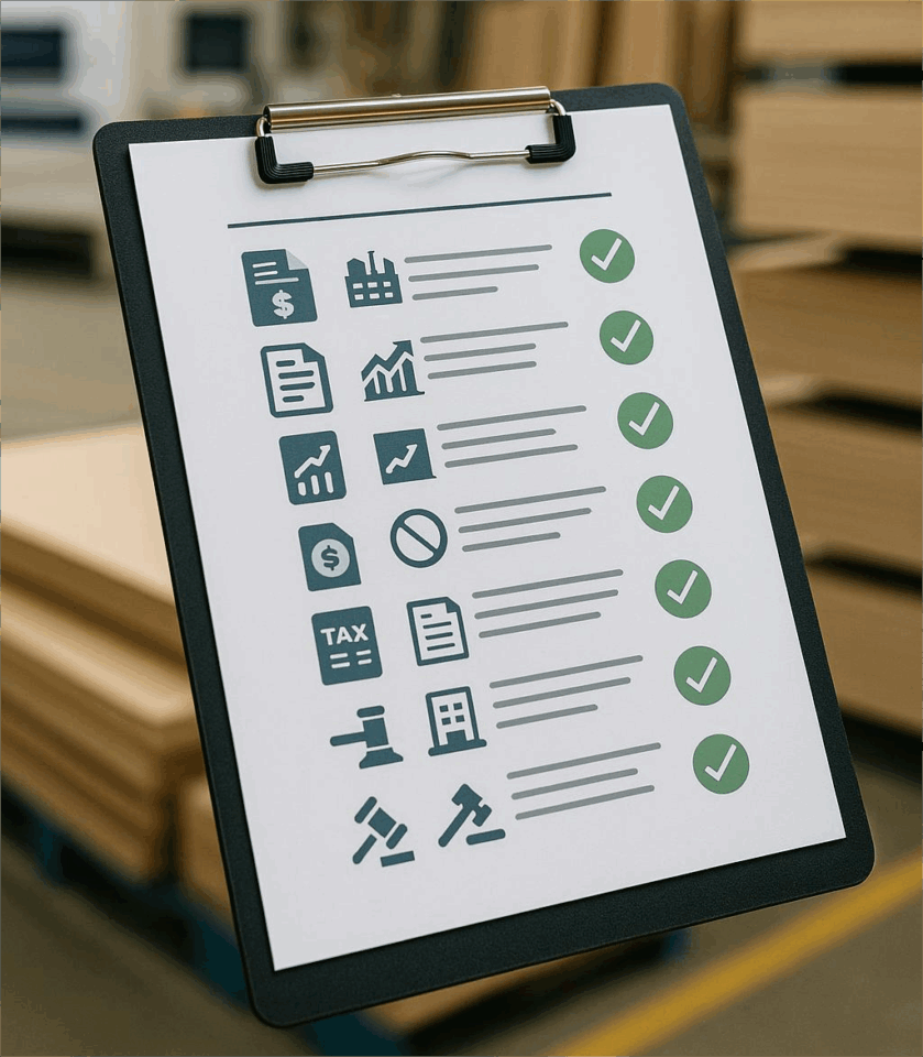 Prancheta com checklist de due diligence em destaque dentro de uma fábrica de móveis planejados, representando a análise antes de comprar uma marcenaria premium.