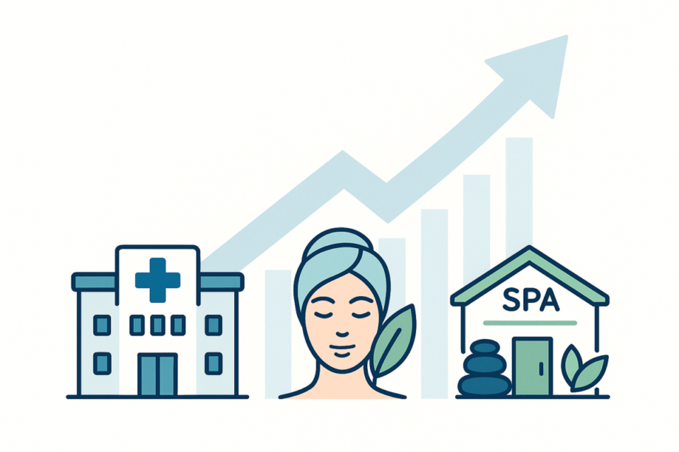 Ilustração do crescimento do mercado de saúde e bem-estar em 2026 com ícones de clínica, estética e spa e seta de alta