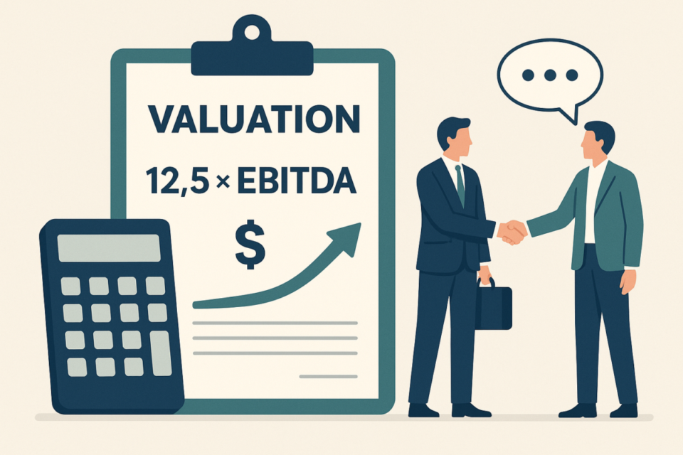 Ilustração de valuation com cálculo por múltiplos de EBITDA e negociação para compra de clínicas, spas e empresas de estética em 2026
