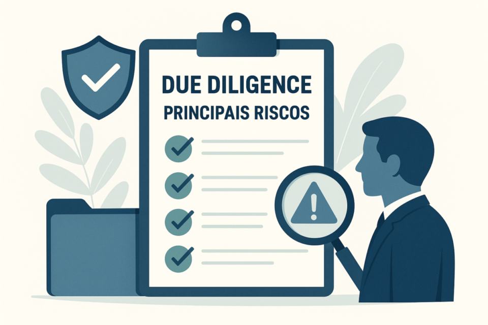 Ilustração de due diligence com checklist e alerta de riscos na compra de empresa de saúde e bem-estar em 2026