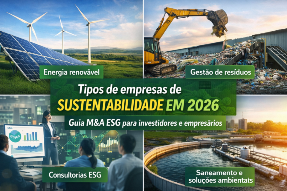 Tipos de empresas de sustentabilidade à venda no Brasil em 2026, incluindo energia renovável, gestão de resíduos, consultorias ESG e saneamento ambiental