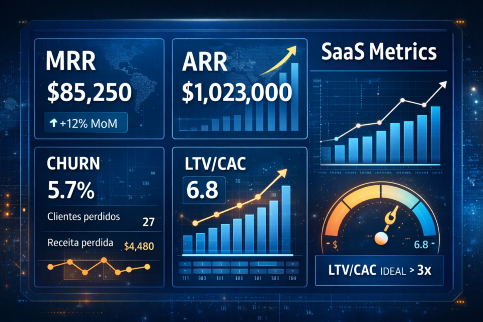 Painel de métricas SaaS com MRR, ARR, churn e LTV/CAC, indicadores essenciais para avaliar e comprar uma empresa SaaS lucrativa em 2026