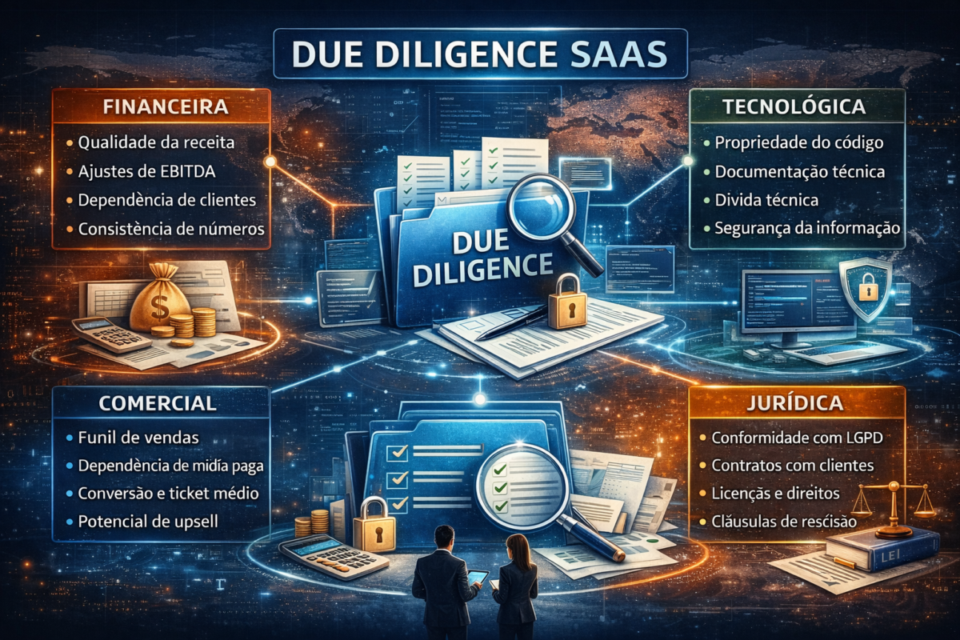 Infográfico sobre due diligence em empresa SaaS, destacando análises financeira, tecnológica, comercial e jurídica antes de comprar um SaaS em 2026