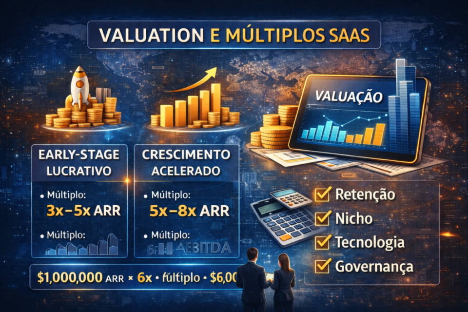 Infográfico sobre valuation e múltiplos de empresas SaaS em 2026, com comparação entre early-stage, crescimento acelerado e SaaS consolidado para investidores