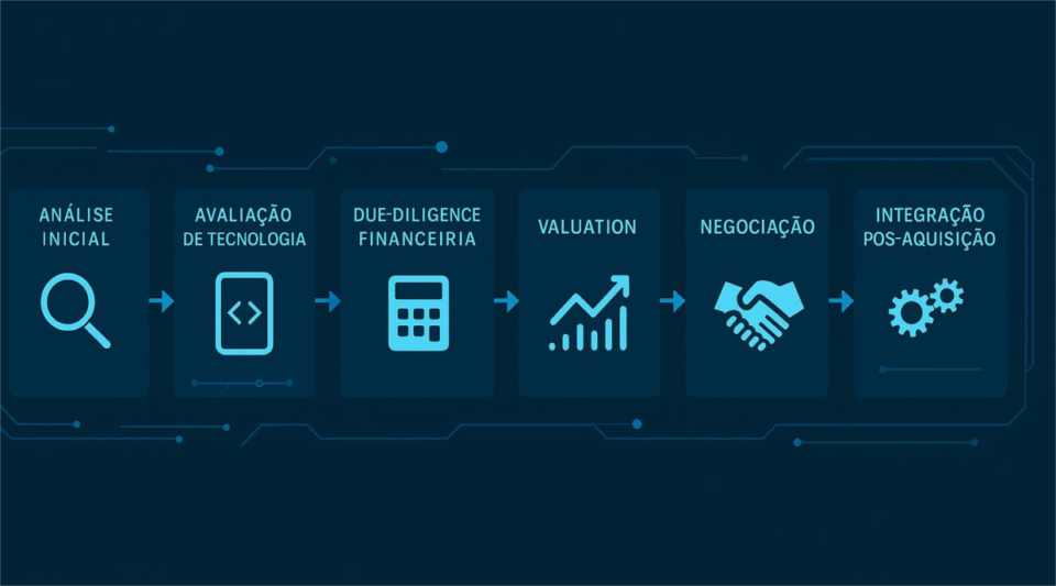 Infográfico horizontal mostrando o passo a passo para comprar uma fintech: análise inicial, avaliação de tecnologia, due diligence financeira, valuation, negociação e integração pós-aquisição, com ícones em azul em estilo fintech.