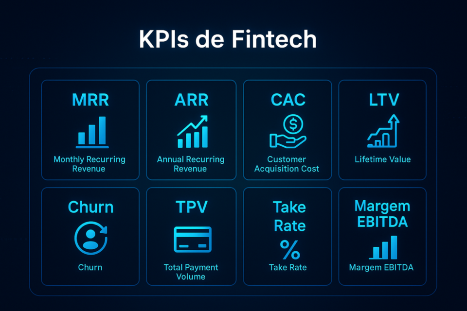 Infográfico em formato de dashboard destacando os principais KPIs de fintech: MRR, ARR, CAC, LTV, churn, TPV, take rate e margem EBITDA, com ícones em azul neon em estilo tecnológico.
