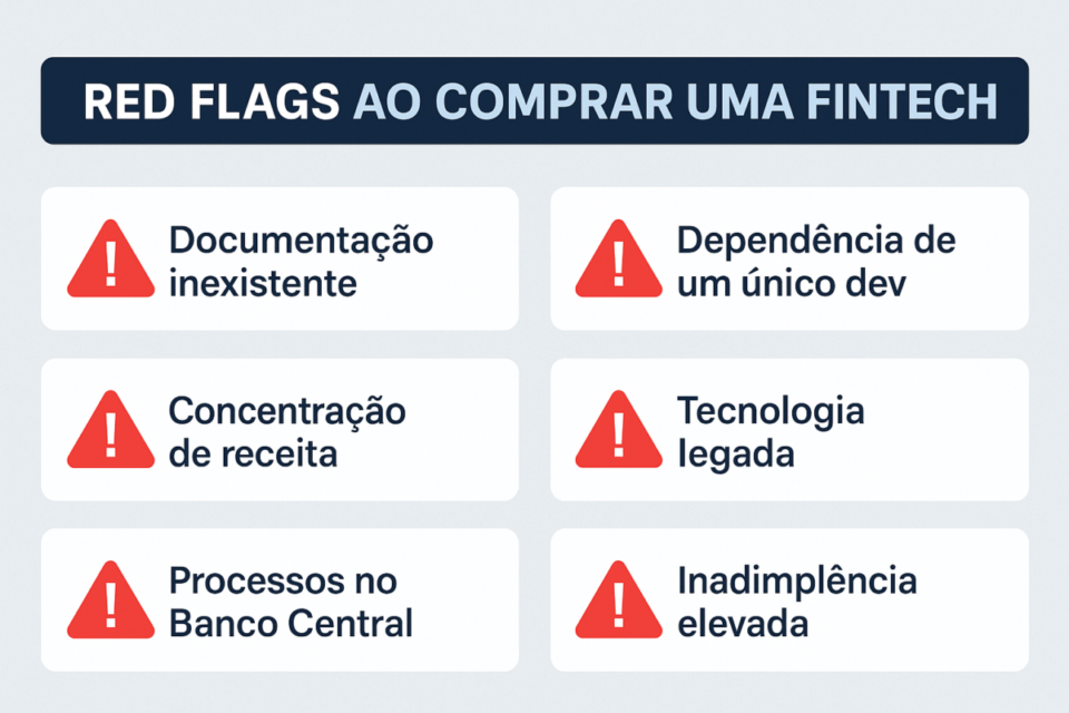 Infográfico horizontal destacando red flags ao comprar uma fintech, incluindo documentação inexistente, dependência de um único dev, concentração de receita, tecnologia legada, processos no Banco Central e inadimplência elevada, com ícones de alerta em vermelho.