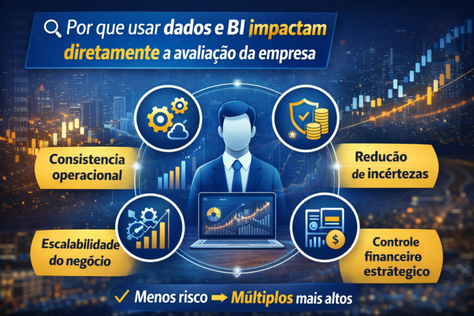 Infográfico mostrando por que dados e BI aumentam a avaliação da empresa em 2026, destacando consistência operacional, redução de incertezas, controle financeiro estratégico e escalabilidade.