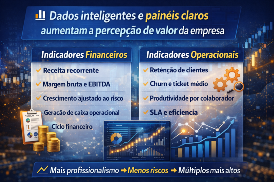 Infográfico com indicadores financeiros e operacionais em BI que aumentam a avaliação da empresa em 2026, incluindo receita recorrente, margem EBITDA, retenção de clientes, churn, produtividade e SLA.
