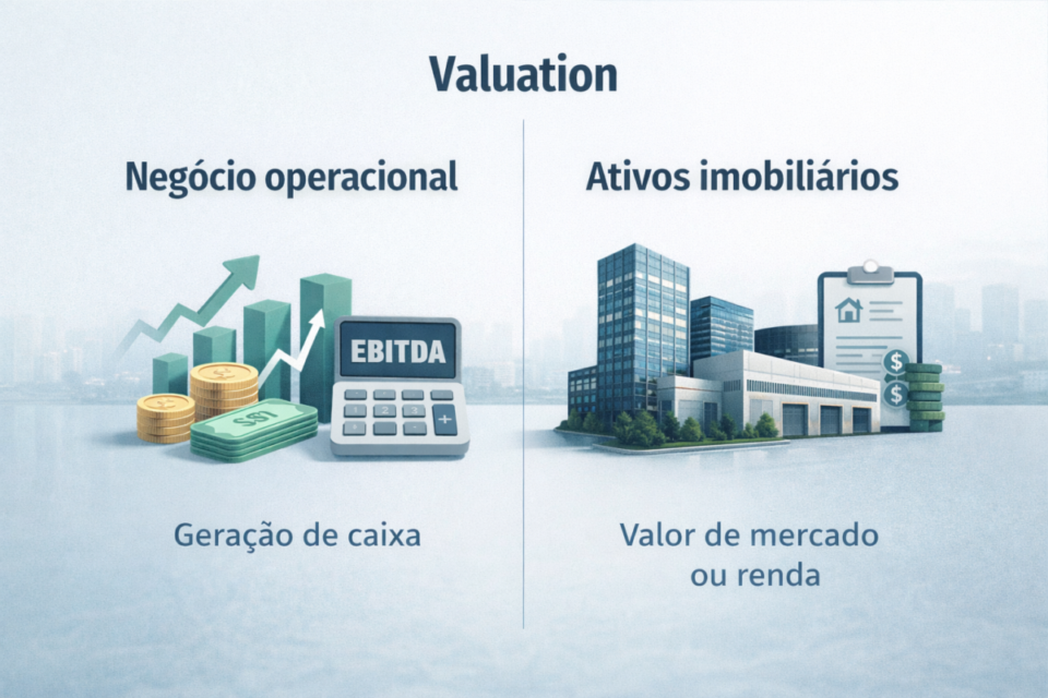 Infográfico explicando o valuation de uma empresa com ativos imobiliários, separando o valor do negócio operacional e o valor dos imóveis em 2026.