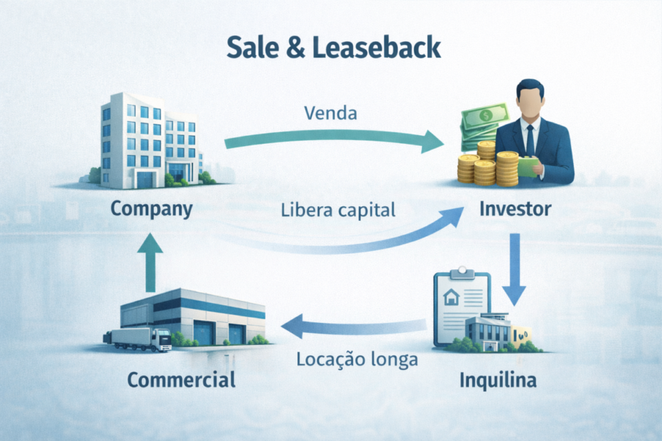Infográfico explicando a operação de sale & leaseback, em que a empresa vende o imóvel, libera capital e permanece como inquilina em 2026.