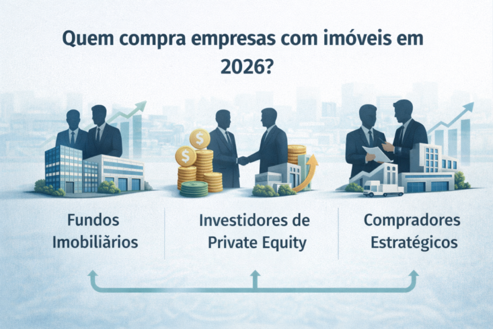 Ilustração mostrando os principais perfis de compradores de empresas com ativos imobiliários em 2026: fundos imobiliários, private equity e compradores estratégicos.