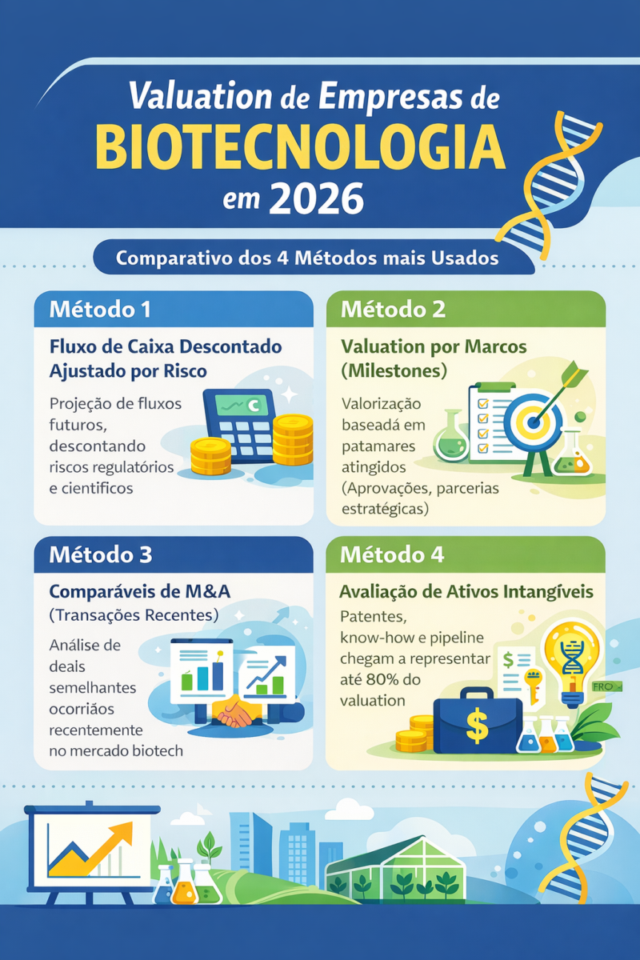 Infográfico comparando os principais métodos de valuation de empresas de biotecnologia em 2026, incluindo fluxo de caixa descontado, milestones, M&A e ativos intangíveis

vender uma empresa de biotecnologia