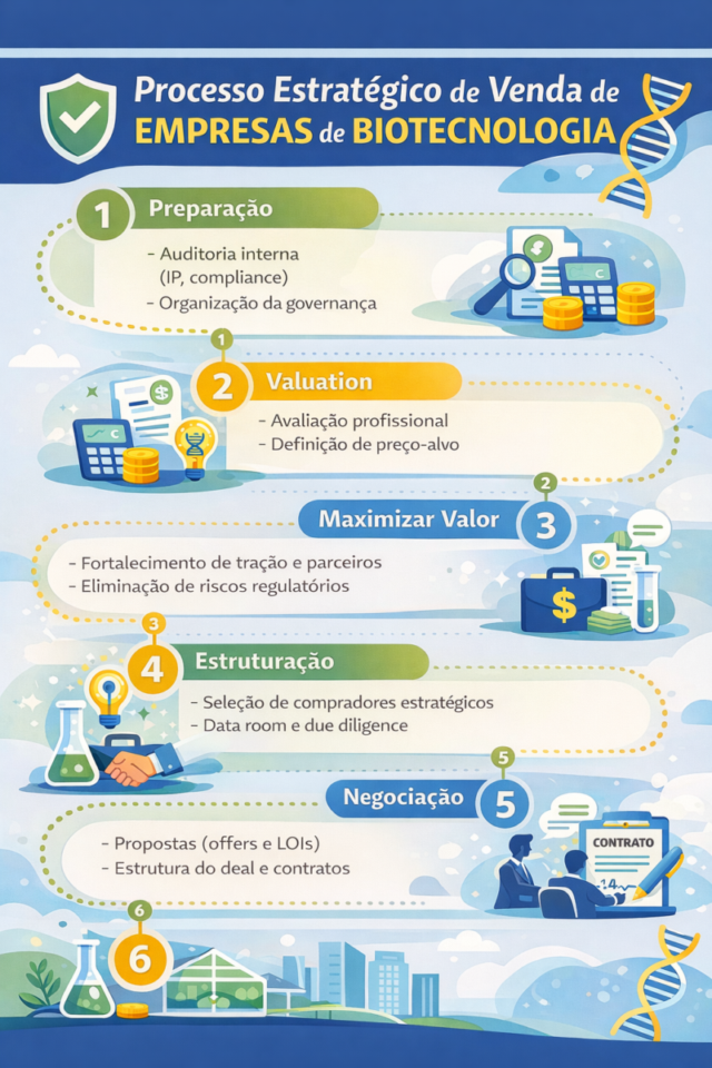 Infográfico em linha do tempo mostrando as etapas do processo de venda de uma empresa de biotecnologia em 2026, do preparo ao fechamento do negócio