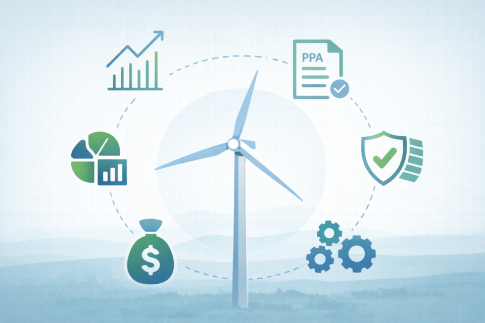 Ilustração dos principais fatores que impactam o valuation de uma empresa de energia eólica no Brasil