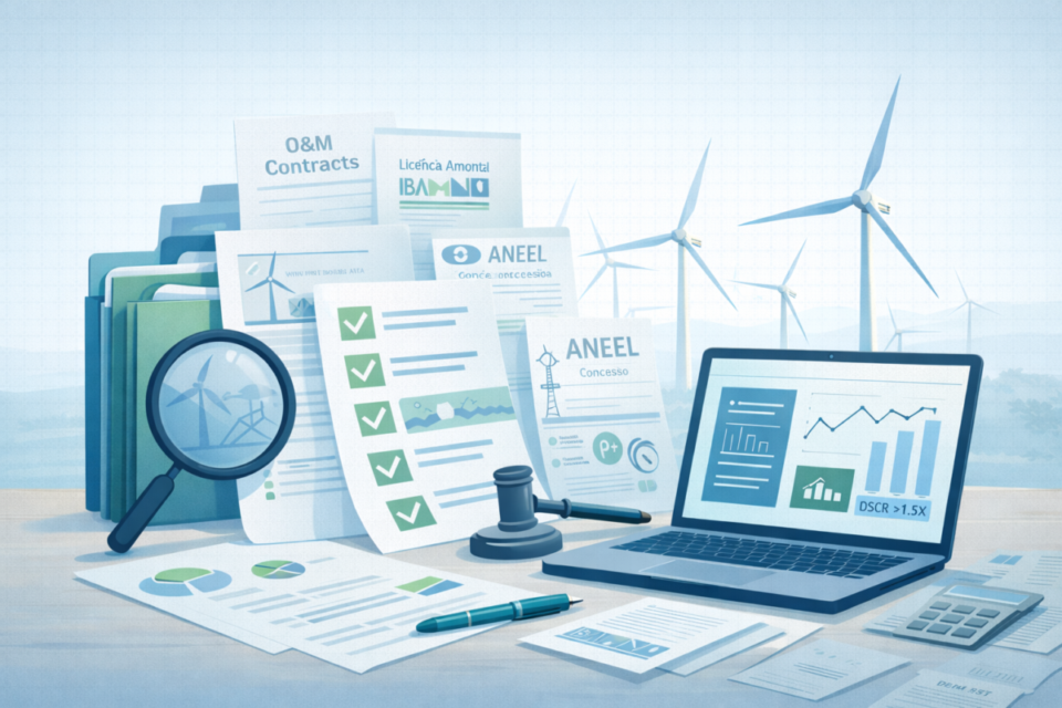 Ilustração de due diligence para compra de empresa de energia eólica com documentos de ANEEL, licenças ambientais, contratos O&M e indicadores financeiros