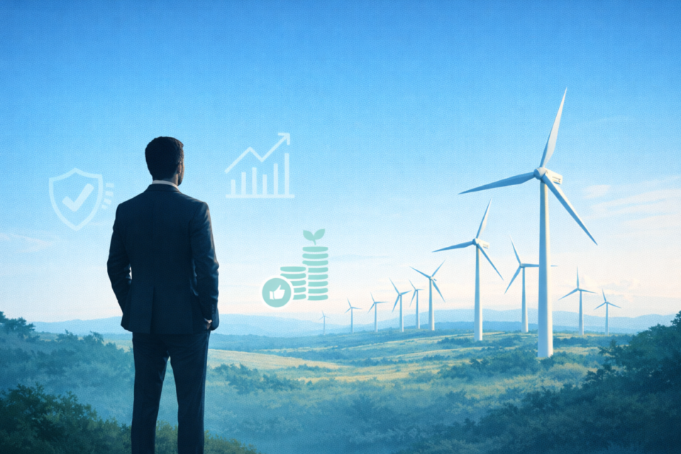 Investidor analisando parque eólico no Brasil como oportunidade de compra de empresa de energia eólica em 2026