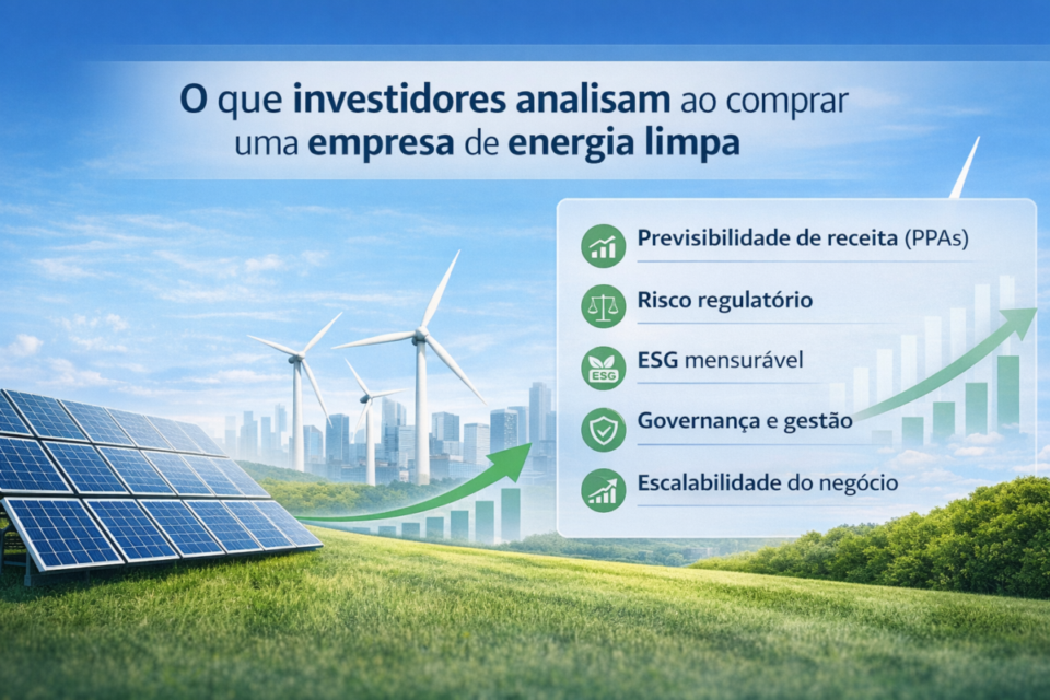O que investidores analisam ao comprar uma empresa de energia limpa, considerando previsibilidade de receita, risco regulatório, ESG, governança e escalabilidade.