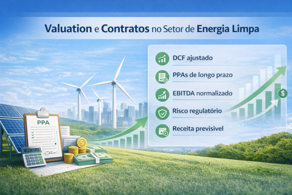 Valuation e contratos no setor de energia limpa, destacando DCF ajustado, PPAs de longo prazo, EBITDA normalizado, risco regulatório e receita previsível.