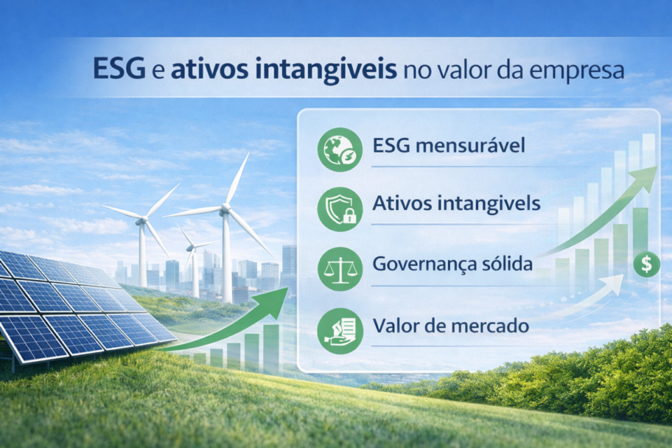 ESG e ativos intangíveis no valor de empresas de energia limpa, destacando governança sólida, métricas ESG mensuráveis e impacto no valor de mercado.
