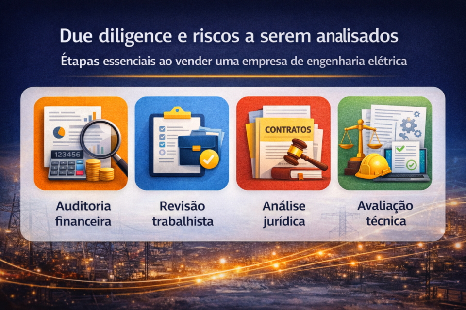 Infográfico sobre due diligence e riscos na venda de uma empresa de engenharia elétrica, incluindo auditoria financeira, revisão trabalhista, análise jurídica e avaliação técnica