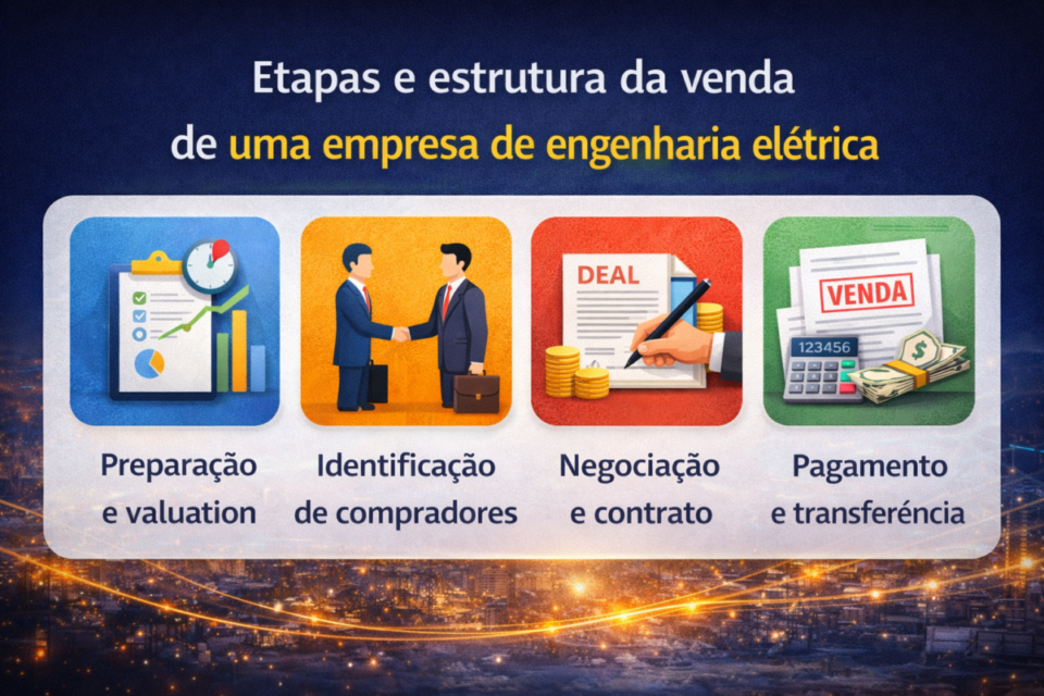 Infográfico mostrando as etapas da venda de uma empresa de engenharia elétrica, incluindo preparação e valuation, identificação de compradores, negociação contratual e pagamento com transferência