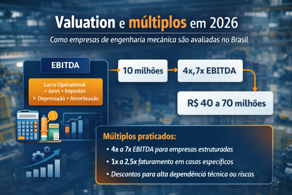 Infográfico mostrando valuation e múltiplos EBITDA usados na venda de empresas de engenharia mecânica no Brasil em 2026