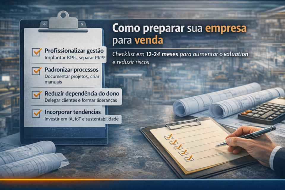 Checklist visual mostrando como preparar uma empresa de engenharia mecânica para venda, com foco em gestão, processos, redução de riscos e aumento de valuation