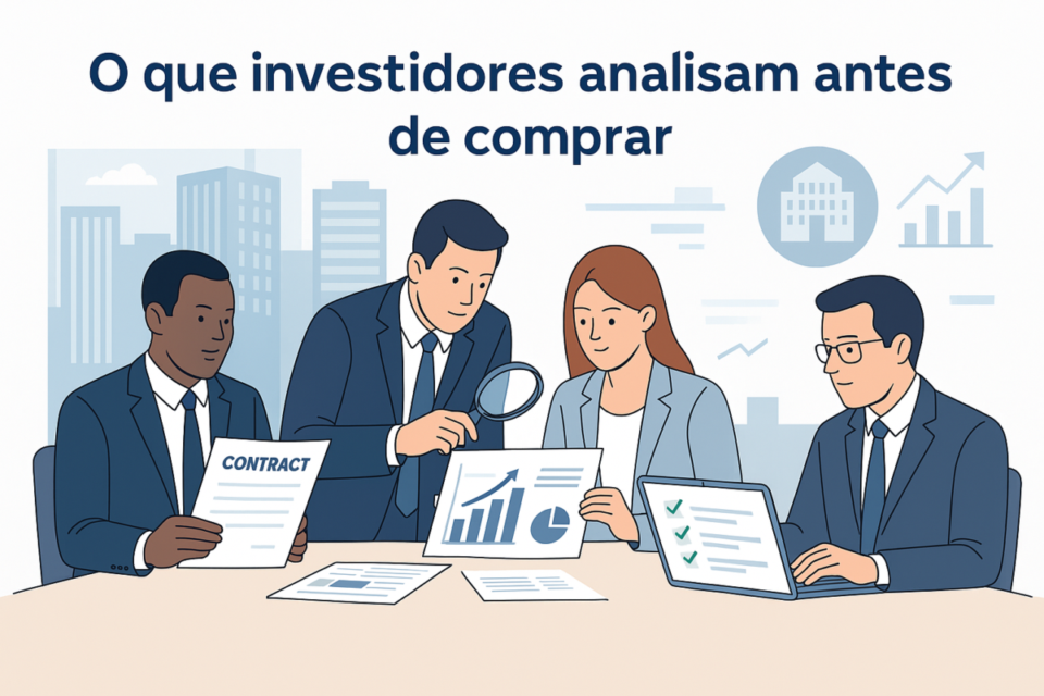 Ilustração de due diligence mostrando o que investidores analisam antes de comprar uma empresa de facilities: contratos, indicadores financeiros, checklist e análise de riscos