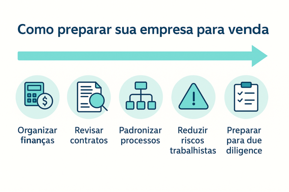 Infográfico mostrando como preparar uma empresa de manutenção predial ou facilities para venda em 2026, com etapas de organização financeira, revisão de contratos, padronização de processos, redução de riscos trabalhistas e preparação para due diligence