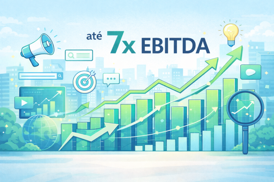 Ilustração em estilo cartoon mostrando valuation de agência de publicidade e comunicação com crescimento financeiro e múltiplos de até 7x EBITDA em 2026
vender uma empresa de publicidade e comunicação
