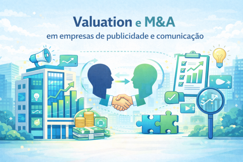 Ilustração em estilo cartoon mostrando o processo de venda e M&A em empresas de publicidade e comunicação, com negociação, valuation e análise financeira