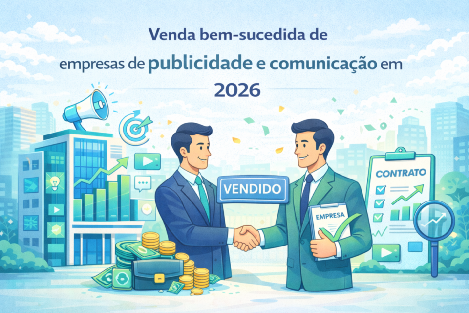 Ilustração em estilo cartoon mostrando a venda bem-sucedida de uma empresa de publicidade e comunicação em 2026, com negociação concluída, contrato assinado e sinal de vendido