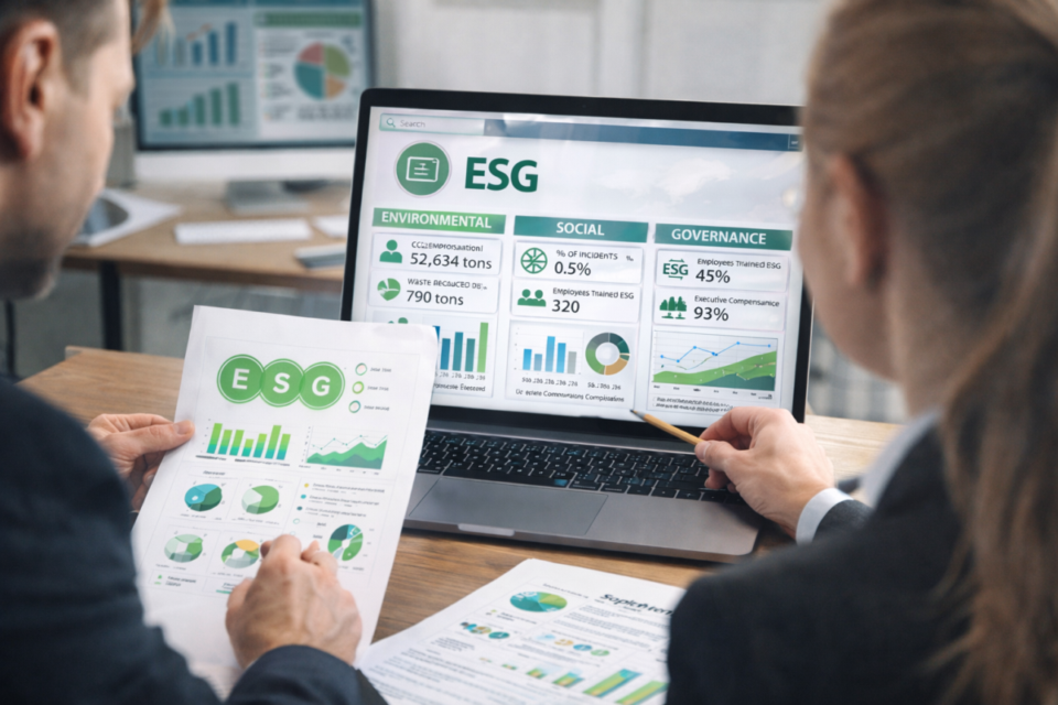 Painel com métricas ESG sendo analisadas por executivos, mostrando indicadores ambientais, sociais e de governança que impactam o valuation de empresas de sustentabilidade