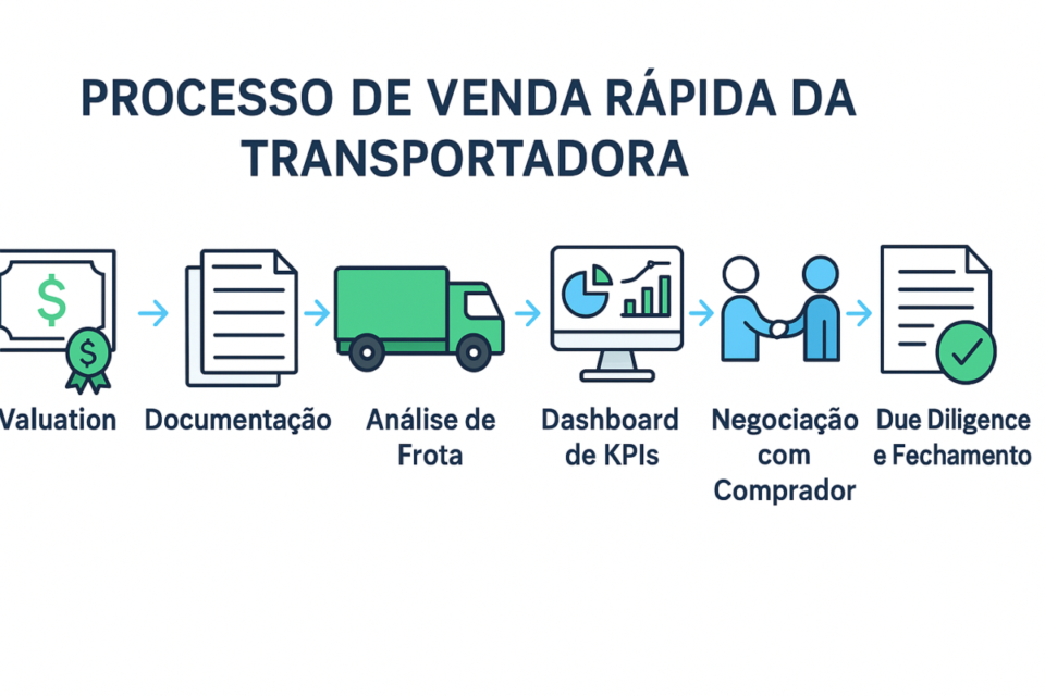 “Infográfico mostrando o processo de venda rápida de uma transportadora, incluindo valuation, documentação, análise de frota, KPIs, negociação e due diligence.”