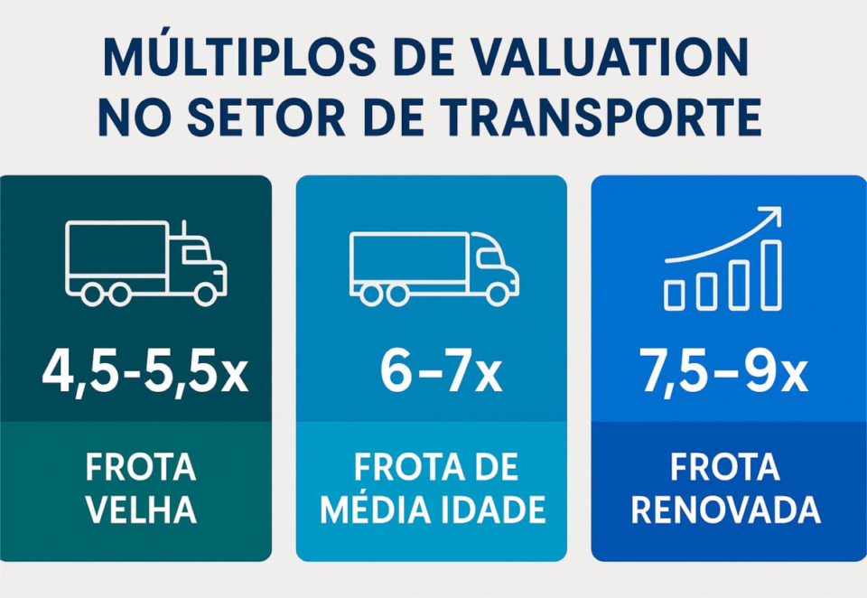 “Infográfico comparando os múltiplos de valuation no setor de transporte, mostrando faixas de 4,5–5,5× para frota velha, 6–7× para frota de média idade e 7,5–9× para frota renovada.”
