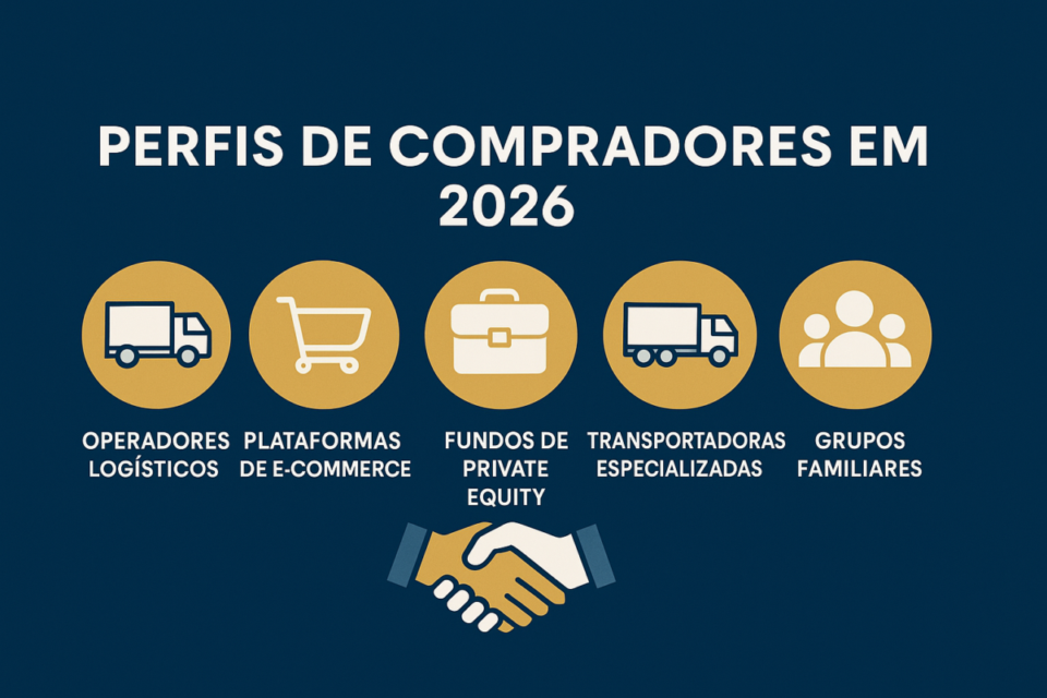 “Infográfico mostrando os principais perfis de compradores de transportadoras em 2026: operadores logísticos, plataformas de e-commerce, fundos de private equity, transportadoras especializadas e grupos familiares.”