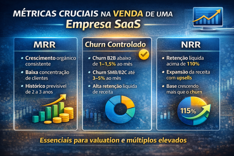 Métricas cruciais para vender empresa SaaS em 2026, com destaque para MRR, churn controlado e NRR acima de 110%