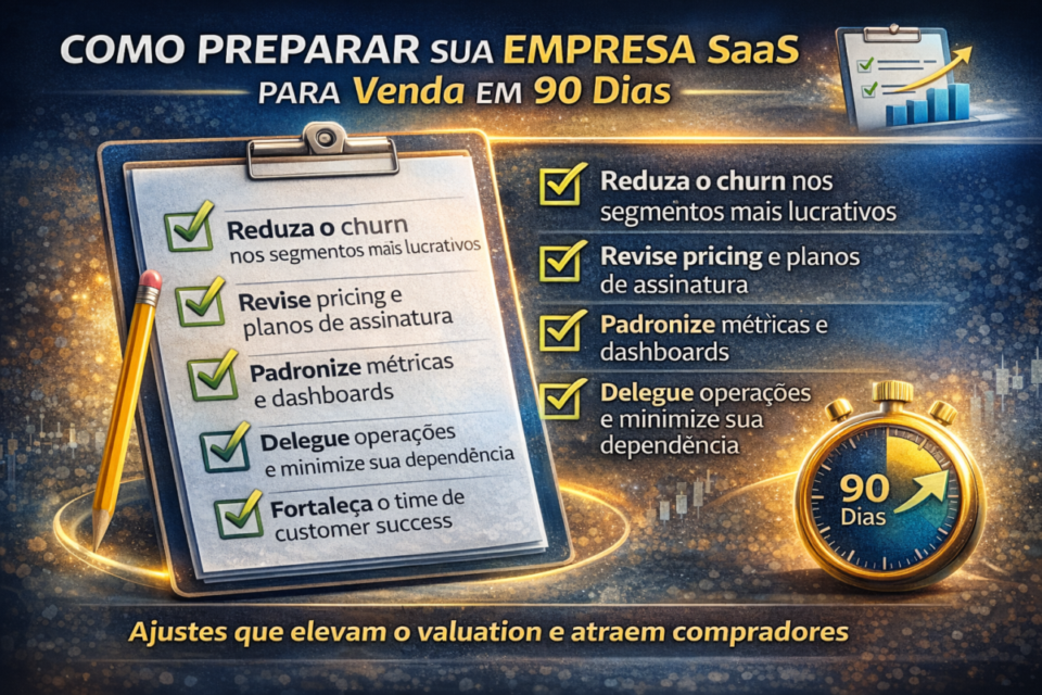 Checklist para preparar empresa SaaS para venda em 90 dias, reduzindo churn, ajustando pricing e aumentando o valuation