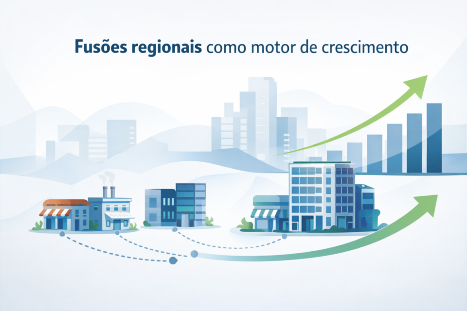 Ilustração mostrando pequenas empresas se unindo por meio de fusões regionais para ganhar escala, eficiência operacional e crescimento sustentável no Brasil.
