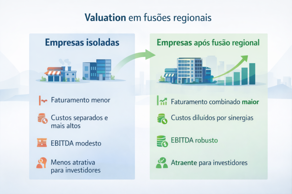 Infográfico comparando valuation de empresas isoladas com empresas após fusões regionais, destacando sinergias, redução de custos e aumento de valor de mercado.