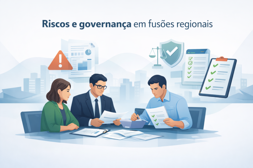 Ilustração sobre riscos e governança em fusões regionais, com empresários analisando documentos, contratos e checklists de compliance antes de unir pequenas empresas.